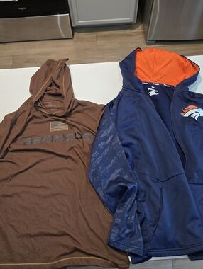 Lot Of 2 Denver Broncos Hoodies Mens Size Large. Blue Fanatics And Brown NFL